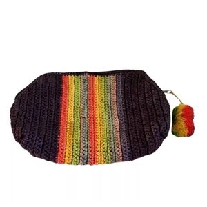 Mar Y Sol Handmade Clutch Woven Raffia Rainbow Stripe Pom Pom Charm Cosmetic Bag